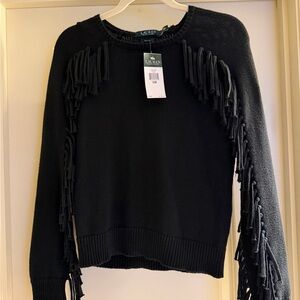 Lauren Ralph Lauren Black Fringe Sleeve Cropped Sweater NWT Size S/M